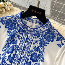 Load image into Gallery viewer, Blue Flower Print Long Lantern Sleeve Dress