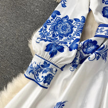 Load image into Gallery viewer, Blue Flower Print Long Lantern Sleeve Dress