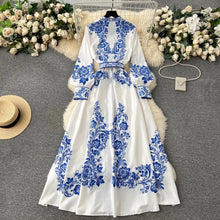 Load image into Gallery viewer, Blue Flower Print Long Lantern Sleeve Dress