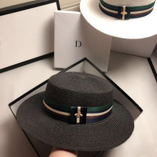 Load image into Gallery viewer, Wide Brim Straw Hat Multicolor Striped Bee Embroidery
