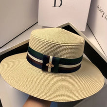 Load image into Gallery viewer, Wide Brim Straw Hat Multicolor Striped Bee Embroidery

