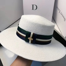 Load image into Gallery viewer, Wide Brim Straw Hat Multicolor Striped Bee Embroidery
