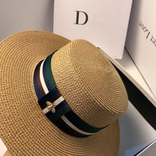 Load image into Gallery viewer, Wide Brim Straw Hat Multicolor Striped Bee Embroidery
