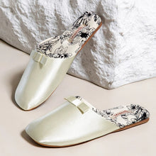 Load image into Gallery viewer, Luxury Silk Print Design Flat Slippers Women Sweet Butterfly Knot Decoration Modern Slippers Comfortable Elegant Home Slippers
