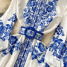 Load image into Gallery viewer, Blue Flower Print  Long Lantern Sleeve Dress
