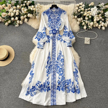 Load image into Gallery viewer, Blue Flower Print  Long Lantern Sleeve Dress
