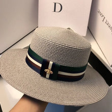 Load image into Gallery viewer, Wide Brim Straw Hat Multicolor Striped Bee Embroidery

