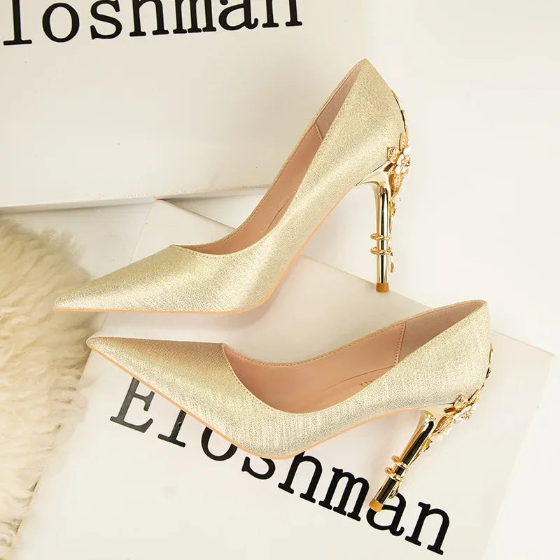 Metal Flower High Heels  Luxury Sexy Pointed Women's Shoes