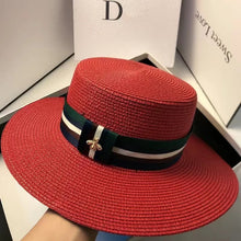 Load image into Gallery viewer, Wide Brim Straw Hat Multicolor Striped Bee Embroidery
