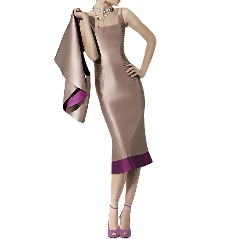 Elegant Meat pink Boat-Neck Sleeveless Knee-Length Satin  Dress