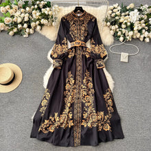 Load image into Gallery viewer, Blue Flower Print  Long Lantern Sleeve Dress
