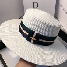 Load image into Gallery viewer, Wide Brim Straw Hat Multicolor Striped Bee Embroidery
